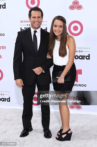 Diego Schoening and guest arrive at 2015 Billboard Latin Music Awards presented bu State Farm on Telemundo at Bank United Center on April 30, 2015 in...