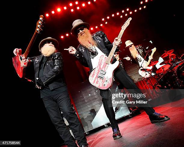 Dusty Hill and Billy Gibbons of ZZ Top perform in concert at Cedar Park Center on April 30, 2015 in Cedar Park, Texas.