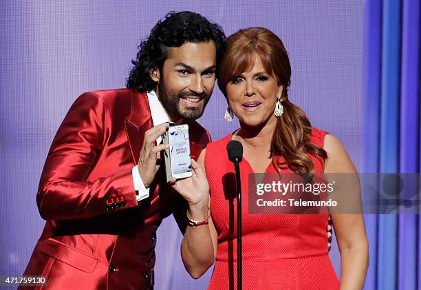 Show -- Pictured: Fabián Ríos and María Celeste Arrarás on stage during the 2015 Billboard Latin Music Awards, from Miami, Florida at the BankUnited...