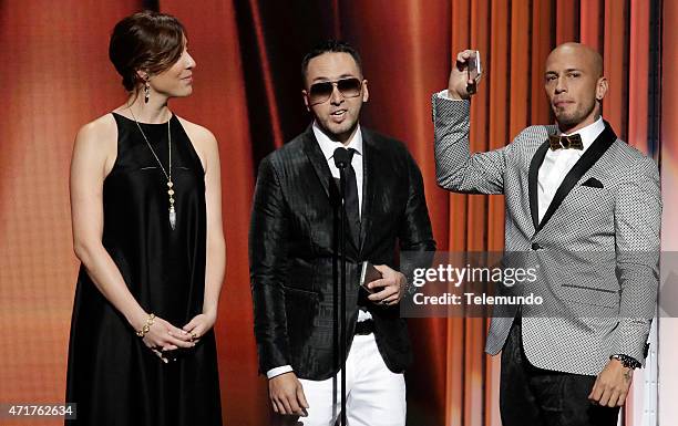 Show -- Pictured: Mariana Vega and Alexis Y Fido on stage during the 2015 Billboard Latin Music Awards, from Miami, Florida at the BankUnited Center,...