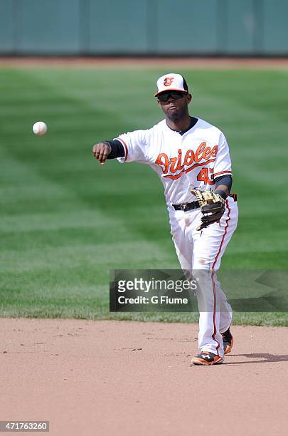 Reynaldo Navarro of the Baltimore Orioles throws the ball to first base against the Chicago White Sox at Oriole Park at Camden Yards on April 29,...