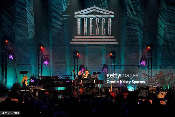 Eliane Elias, Claudio Roditi, Marc Johnson and Terri Lyne Carrington perform on stage during the International Jazz Day 2015 Global Concert at UNESCO...