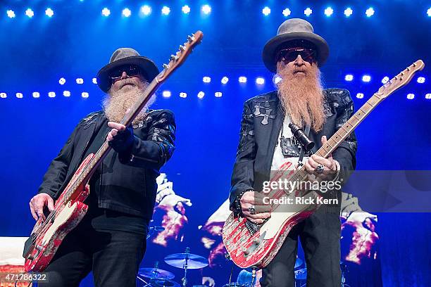 Musicians Dusty Hill and Billy Gibbons of ZZ Top perform in concert at Cedar Park Center on April 30, 2015 in Cedar Park, Texas.