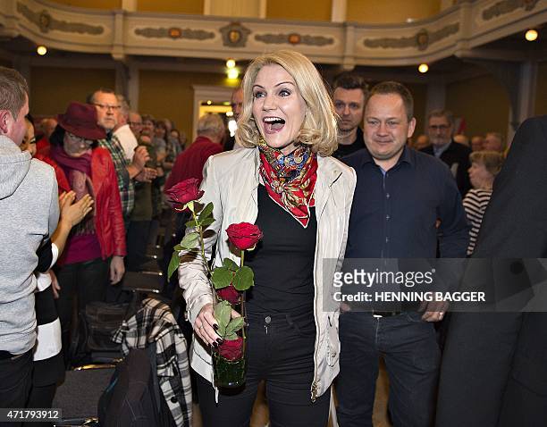 Danish Prime Minister and chairman of the Social Democrats Helle Thorning-Schmidt reacts when she arrives in Randers, where she will give the first...