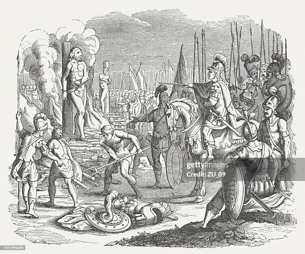 Cyrus prevents the self-immolation of Croesus, wood engraving, published 1864