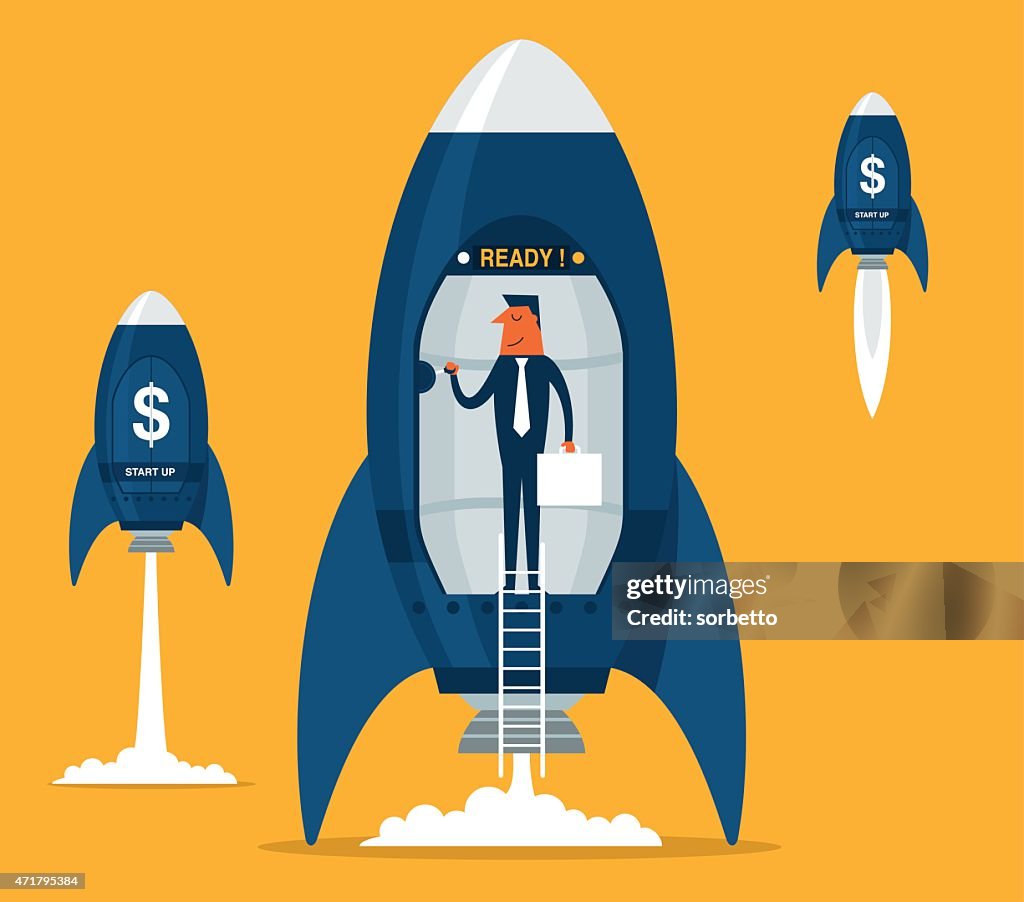 Business startup with space rocket