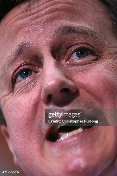 Prime Minister and leader of the conservatives David Cameron addresses workers at the head office of supermarket giant Asda on May 1, 2015 in Leeds,...