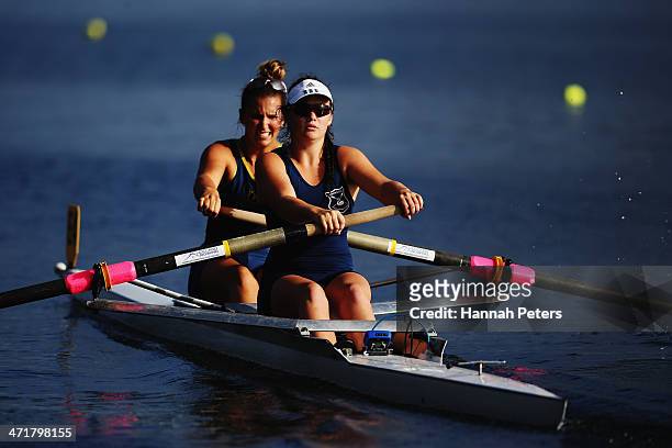 Christie Davis and Kelsi Walters of Auckland RPC1 compete in the Women's U20 2- final during the Bankstream New Zealand Rowing Championships at Lake...