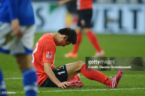 Ja-Cheol Koo of FSV Mainz 05 shows his frustration during the Bundesliga match between FC Schalke 04 and FSV Mainz 05 at Veltins-Arena on February...