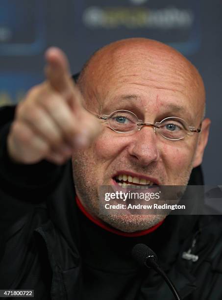 Bernard Laporte, coach of Toulon, is pictured during the European Rugby Champions Cup Press Conference at Twickenham Stadium on May 1, 2015 in...
