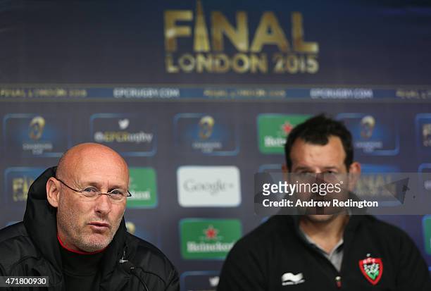 Bernard Laporte, coach of Toulon, and captain Carl Hayman talk to the media during the European Rugby Champions Cup Press Conference at Twickenham...