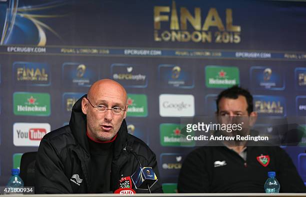 Bernard Laporte, coach of Toulon, and captain Carl Hayman talk to the media during the European Rugby Champions Cup Press Conference at Twickenham...