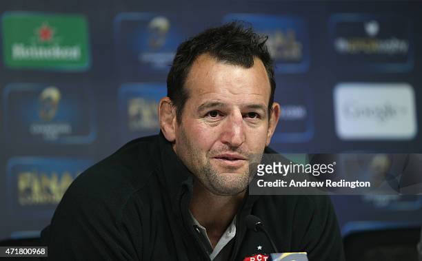 Captain Carl Hayman talks to the media during the European Rugby Champions Cup Press Conference at Twickenham Stadium on May 1, 2015 in London,...
