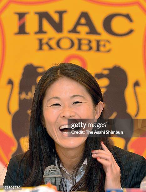 Homare Sawa of INAC Kobe Leonessa speaks during a press conference after the JFA announcement of the FIFA Woman's World Cup squad on May 1, 2015 in...