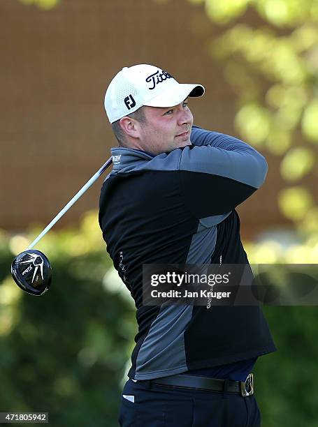 Ted Maher of Great Barr GC tees off during the Titleist & FootJoy PGA Professional Championship - Midland Qualifier at Little Aston Golf Club on May...