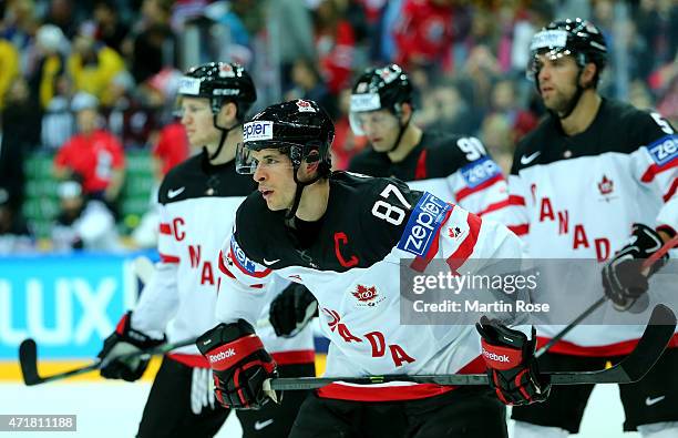 Sidney Crosby of Canada looks on during to the IIHF World Championship group A match between Canada and Latvia at o2 Arena on May 1, 2015 in Prague,...