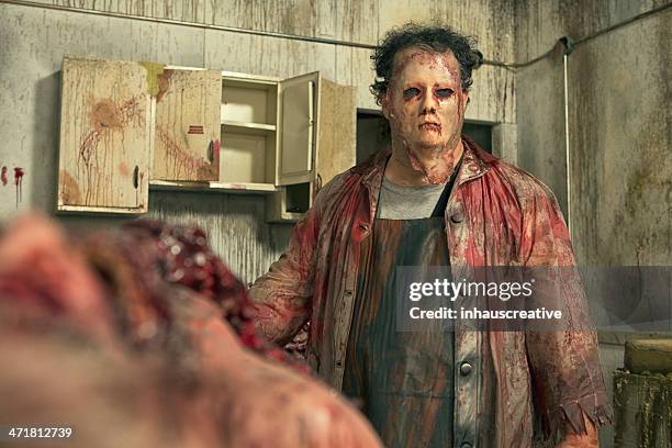 psycho butcher in his deadly kitchen - hospital violence stock pictures, royalty-free photos & images