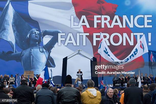 General view of atmosphere during the France's far right party the Front National annual rally honoring Joan of Arc on Place de l'Opera, on May 1,...