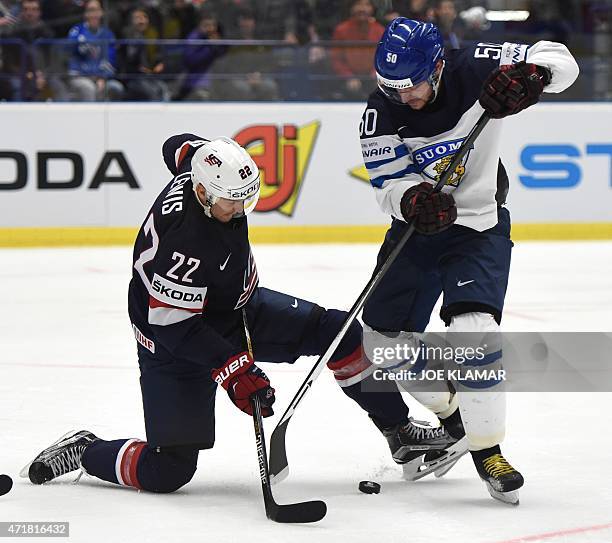 Trevor Lewis of US and Finland's Juhamatti Aaltonen vie for the puck during the group B preliminary round ice hockey match USA vs Finland of the IIHF...