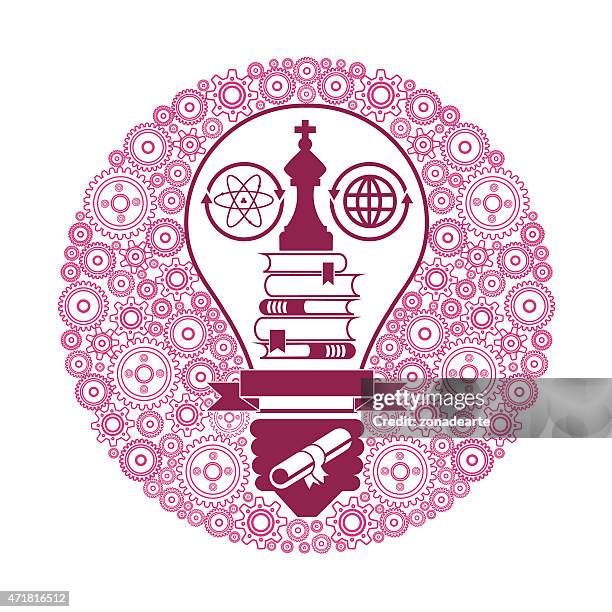 bulb surrounded by a gear - college crest stock illustrations