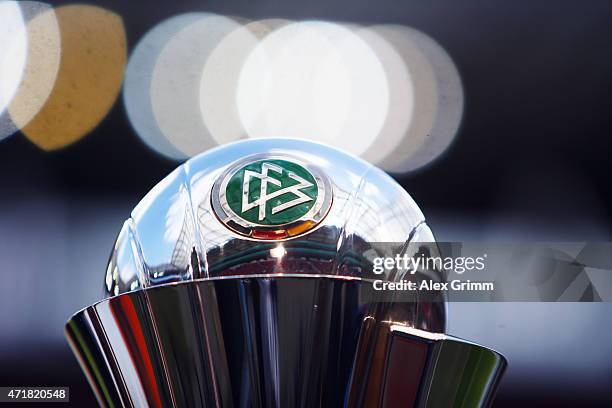 The trophy is pictured prior to the Women's DFB Cup Final between Turbine Potsdam and VfL Wolfsburg at RheinEnergieStadion on May 1, 2015 in Cologne,...