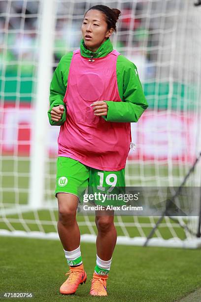 Yuki Ogimi of Wolfsburg warms up prior to the Women's DFB Cup Final between Turbine Potsdam and VfL Wolfsburg at RheinEnergieStadion on May 1, 2015...