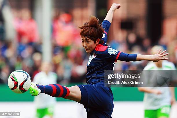 Asano Nagasato of Potsdam controles the ball during the Women's DFB Cup Final between Turbine Potsdam and VfL Wolfsburg at RheinEnergieStadion on May...