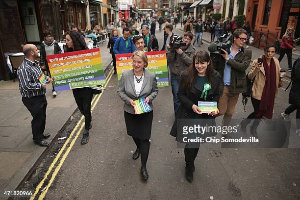 Green Party leader Natalie Bennett and deputy party leader Amelia Womack walk down Firth Street near Old Compton Street, the center of London's gay...