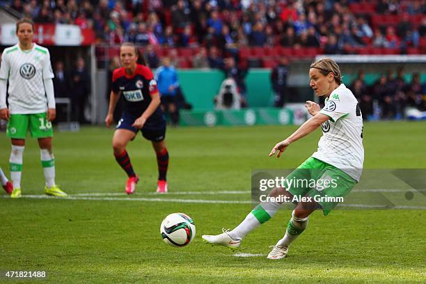 Martina Mueller of Wolfsburg scores her team's second goal from the penalty spot during the Women's DFB Cup Final between Turbine Potsdam and VfL...