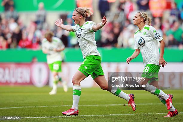 Alexandra Popp of Wolfsburg celebrates her team's third goal during the Women's DFB Cup Final between Turbine Potsdam and VfL Wolfsburg at...