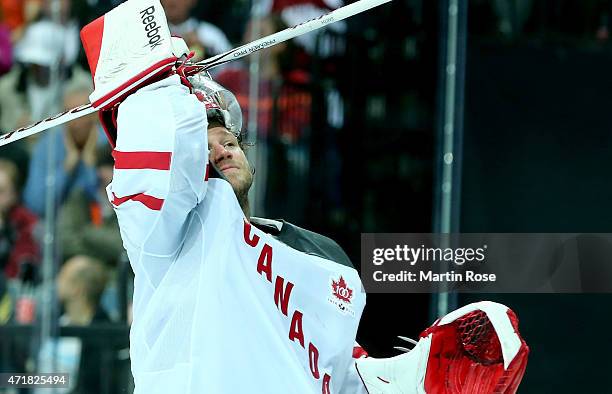 Mike Smith, goaltender of Canada reacts during the IIHF World Championship group A match between Canada and Latvia at o2 Arena on May 1, 2015 in...