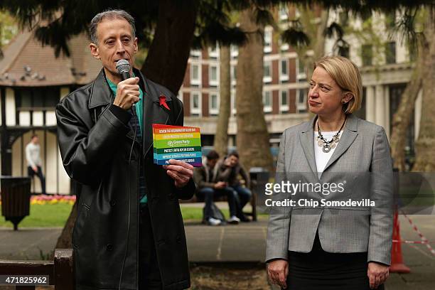 Human rights activist Peter Tatchell delivers remarks during a rally with Green Party leader Natalie Bennett in Soho Square Garden on May 1, 2015 in...