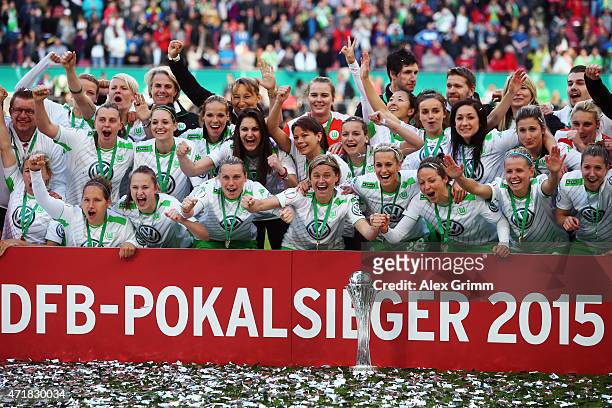 Martina Mueller and team mates celebrate winning the Women's DFB Cup Final between Turbine Potsdam and VfL Wolfsburg at RheinEnergieStadion on May 1,...