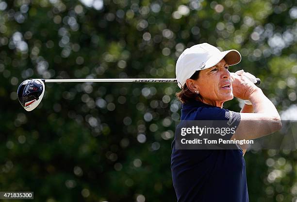 Juli Inkster hits a tee shot on the 16th hole during Round Two of the 2015 Volunteers of America North Texas Shootout Presented by JTBC at Las...