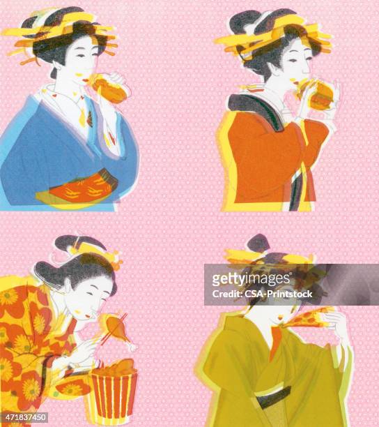 stockillustraties, clipart, cartoons en iconen met geisha girls eating - geisha eating
