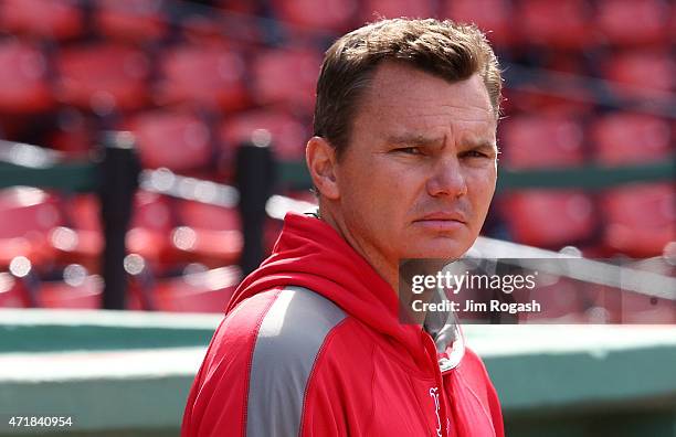 Ben Cherington, general manager of the Boston Red Sox, watches the pregame action before a game with New York Yankees at Fenway Park May 1, 2015 in...