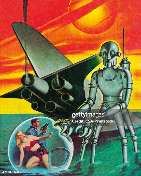 a giant space robot with four legs attacking civilians - alien stock illustrations