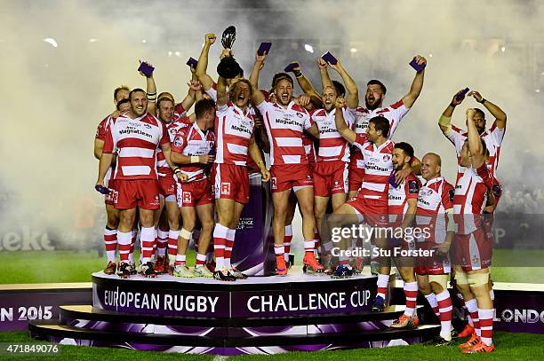 Captain Billy Twelvetrees of Gloucester lifts the trophy following his team's victory during the European Rugby Challenge Cup Final match between...