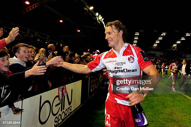 Captain Billy Twelvetrees of Gloucester celebrates following his team's victory during the European Rugby Challenge Cup Final match between Edinburgh...