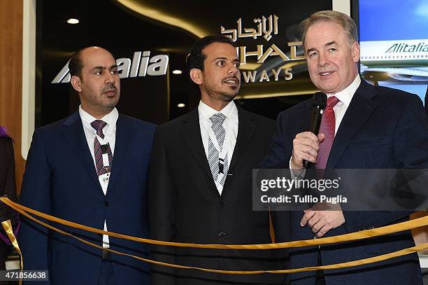 Guest, HE Sheikh Sultan Bin Tahnoon al Nahyan and James Hogan, PCEO of Etihad Airways attend the opening ceremony of the Alitalia-Etihad pavillon of...