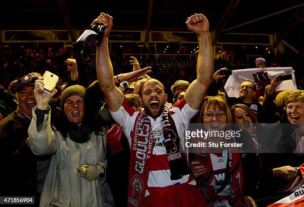 Charlie Sharples of Gloucester celebrates with the fans following their team's victory during the European Rugby Challenge Cup Final match between...