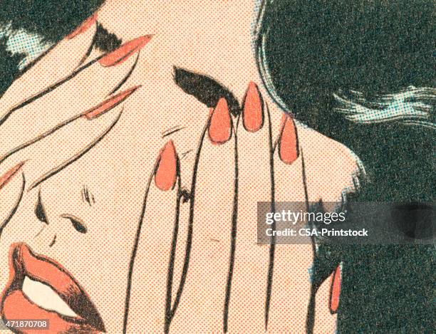 brunette covering her eyes - woman face close up stock illustrations