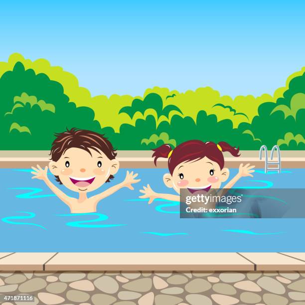 illustrazioni stock, clip art, cartoni animati e icone di tendenza di felice nuoto in piscina per bambini - piscina pubblica all'aperto