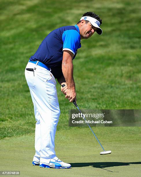 Eric Axley strokes a putt on the 15th green during the second round of the United Leasing Championship held at Victoria National Golf Club on May 1,...