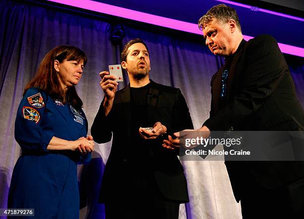 Astronaut Catherine Coleman, David Blaine and CEO of Liberty Science Center Paul Hoffman onstage at Liberty Science Center's Genius Gala 4.0 at...