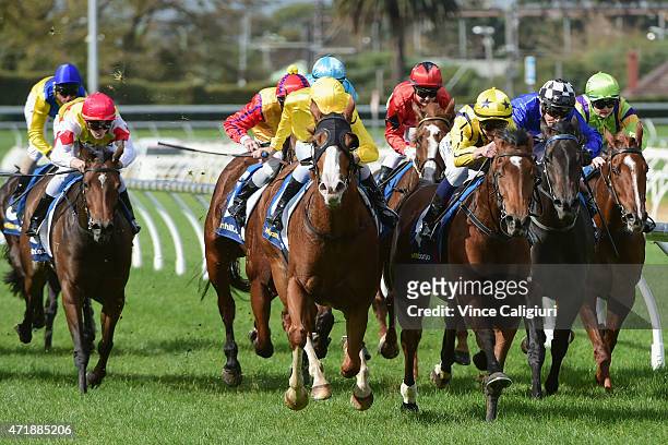 Vlad Duric riding Anaphora wins Race 3 during Melbourne Racing at Caulfield Racecourse on May 2, 2015 in Melbourne, Australia.