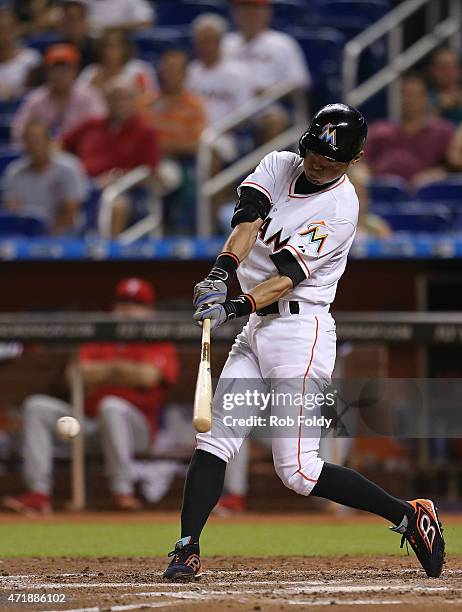 Ichiro Suzuki of the Miami Marlins grounds out during the fourth inning of the game against the Philadelphia Phillies at Marlins Park on May 1, 2015...