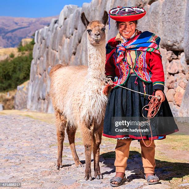 peruvian girl wearing national clothing posing with llama near cuzco - peruvian culture 個照片及圖片檔