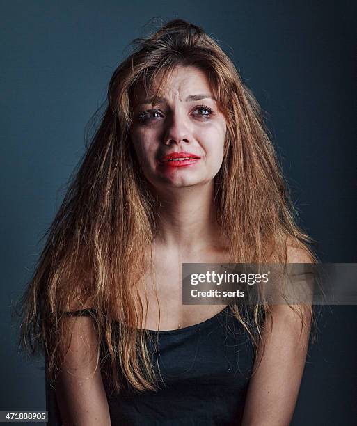 depressed beautiful girl cry - mascara stockfoto's en -beelden