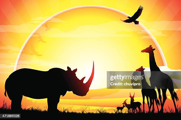 african rhino, giraffes and antelopes silhouettes safari in hot day - mt kilimanjaro stock illustrations